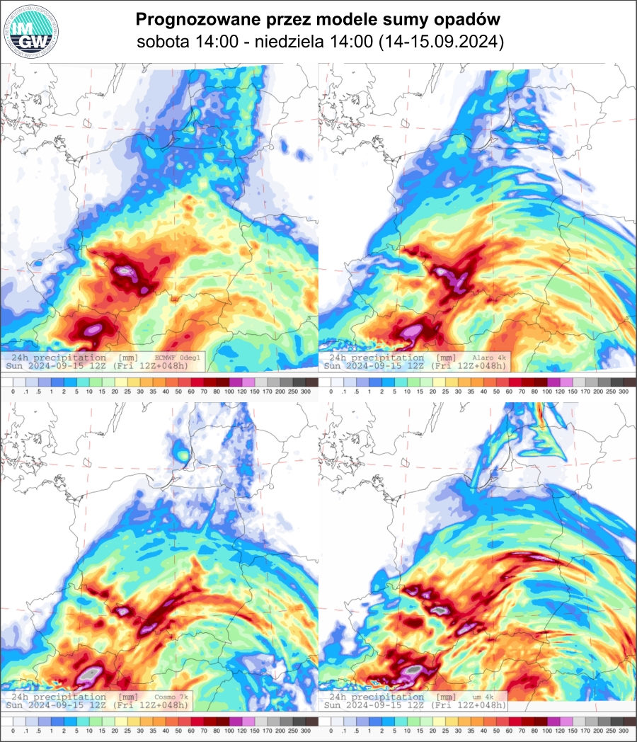 Prognozowana dobowa suma opadów od soboty (14.09.2024) godz. 12 UTC do niedzieli (15.09.2024) godz. 12 UTC wg wyników modeli ECMWF 0.1°, Alaro 4 km, COSMO 7 km, UM 4 km.