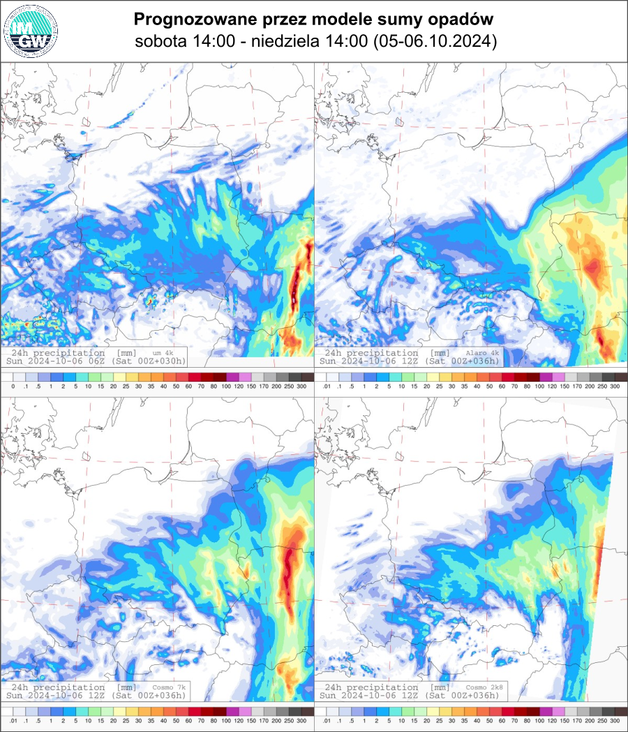 Prognozowana dobowa suma opadów na sobotę i niedzielę (05.10.2024, 12 UTC - 06.10.2024, 12 UTC) wg wyników modeli UM 4 km, Alaro 4 km, COSMO 7 km, COSMO 2.8 km.