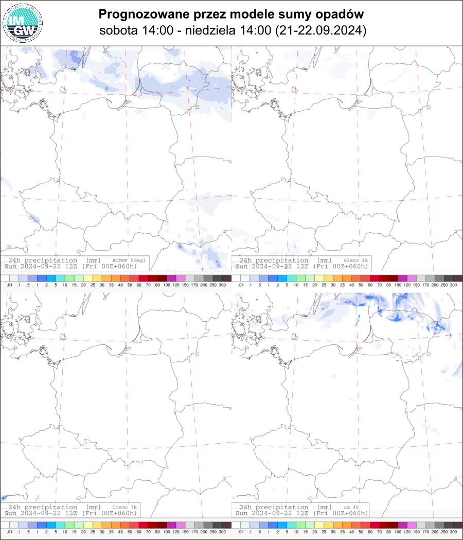 Prognozowana dobowa suma opadów na sobotę i niedzielę (21.09.2024, 12 UTC - 22.09.2024, 12 UTC) wg wyników modeli ECMWF 0.1°, Alaro 4 km, COSMO 7 km, UM 4 km.