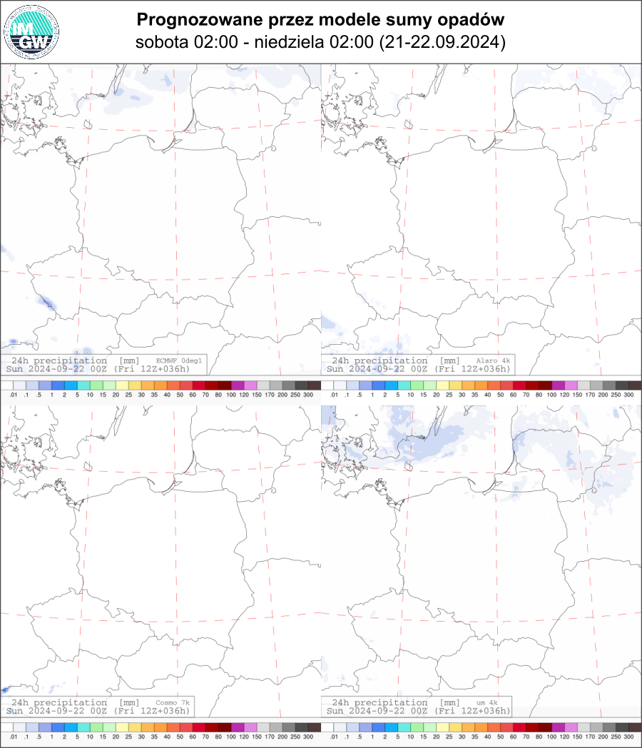 Prognozowana dobowa suma opadów na sobotę (21.09 02 UTC - 22.09 02 UTC) wg wyników modeli ECMWF 0.1°, Alaro 4 km, COSMO 7 km, UM 4 km. 