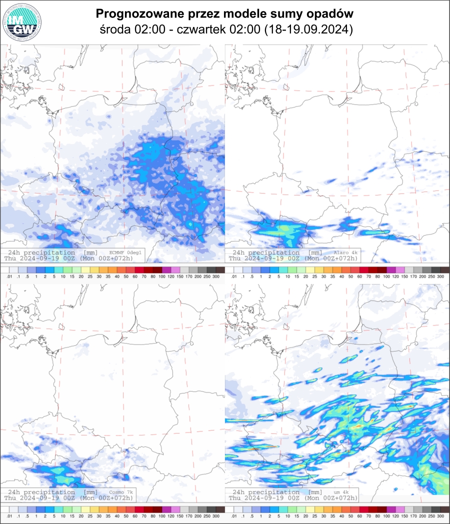 Prognozowana dobowa suma opadów na wtorek (17.09 00 UTC - 18.09 00 UTC) wg wyników modeli ECMWF 0.1°, Alaro 4 km, COSMO 7 km, UM 4 km.