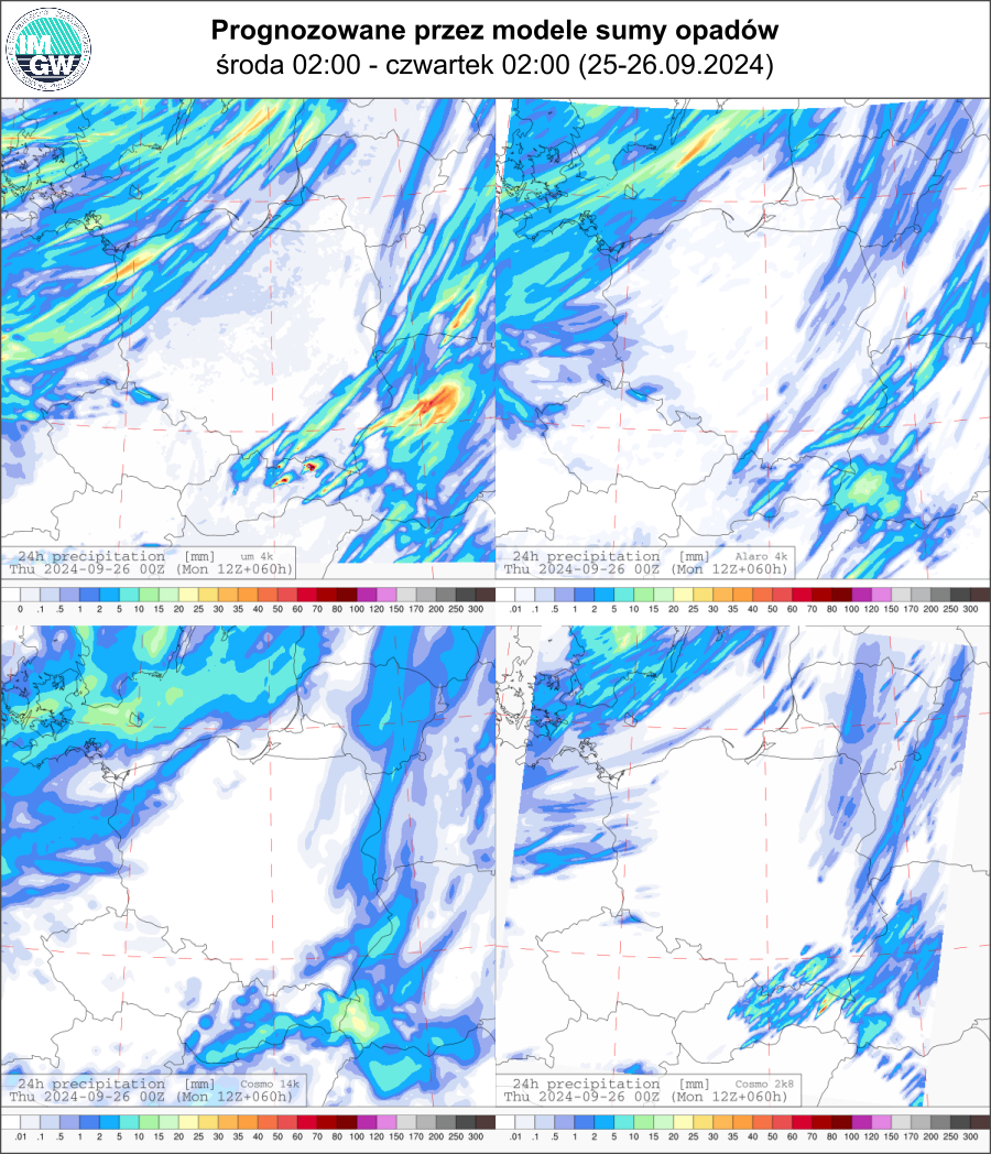 Prognozowana dobowa suma opadów na środę (25.09 00 UTC - 26.09 00 UTC) wg wyników modeli UM 4km, Alaro 4 km, COSMO 14 km, COSMO 2.8 km.