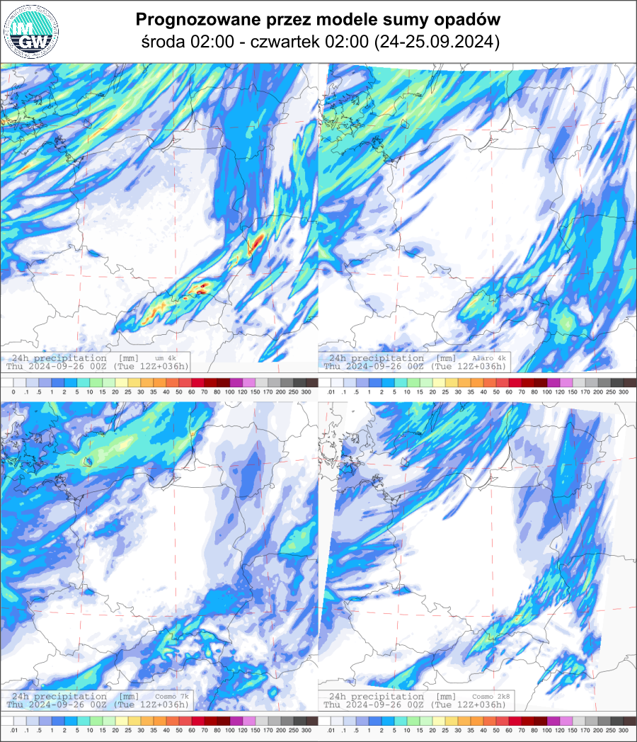 Prognozowana dobowa suma opadów na wtorek (24.09 00 UTC - 25.09 00 UTC) wg wyników modeli UM 4km, Alaro 4 km, COSMO 7 km, COSMO 2.8 km.