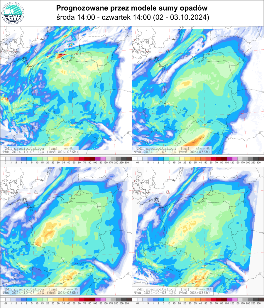 Prognozowana dobowa suma opadów na środę i czwartek (02.10.2024, 12 UTC - 03.10.2024, 12 UTC) wg wyników modeli UM 4 km, Alaro 4 km, COSMO 7 km, COSMO 2.8 km.