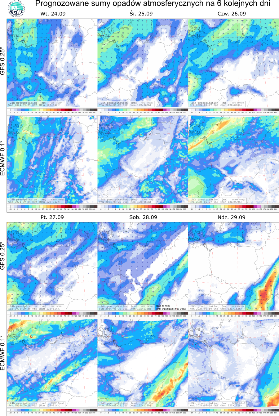 Prognozowane sumy opadów atmosferycznych na 6 dni według modeli 0.25° i ECMWF 0.1°