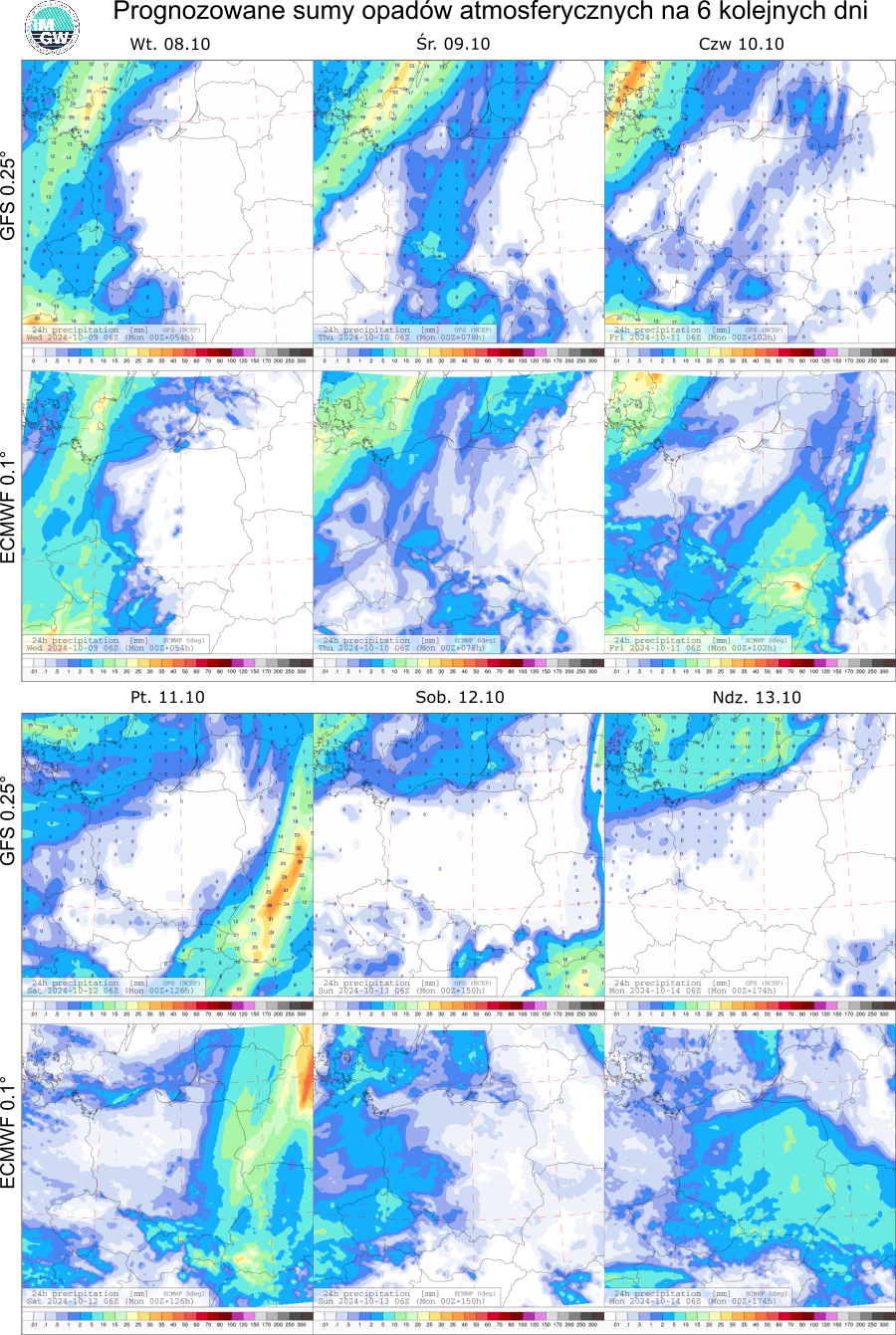 Prognozowane sumy opadów atmosferycznych na 6 dni według modeli GFS 0.25° i ECMWF 0.1°.