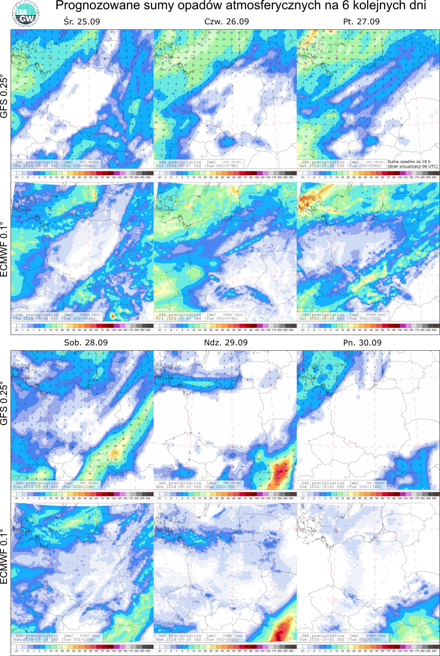 Prognozowane sumy opadów atmosferycznych na 6 dni według modeli GFS 0.25° i ECMWF 0.1°.