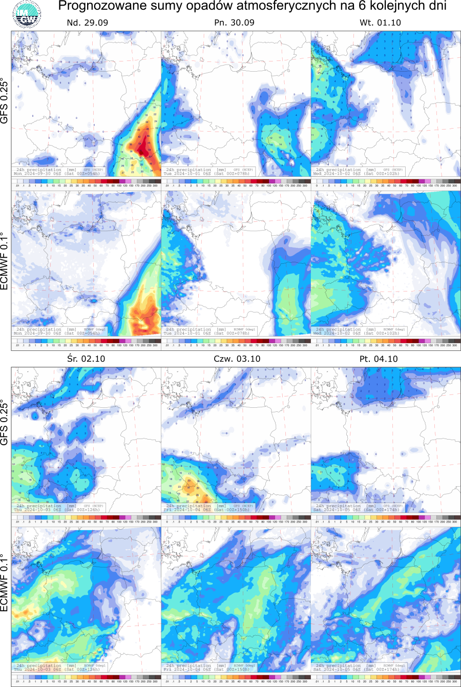 Prognozowane sumy opadów atmosferycznych na 6 dni według modeli GFS 0.25° i ECMWF 0.1°.