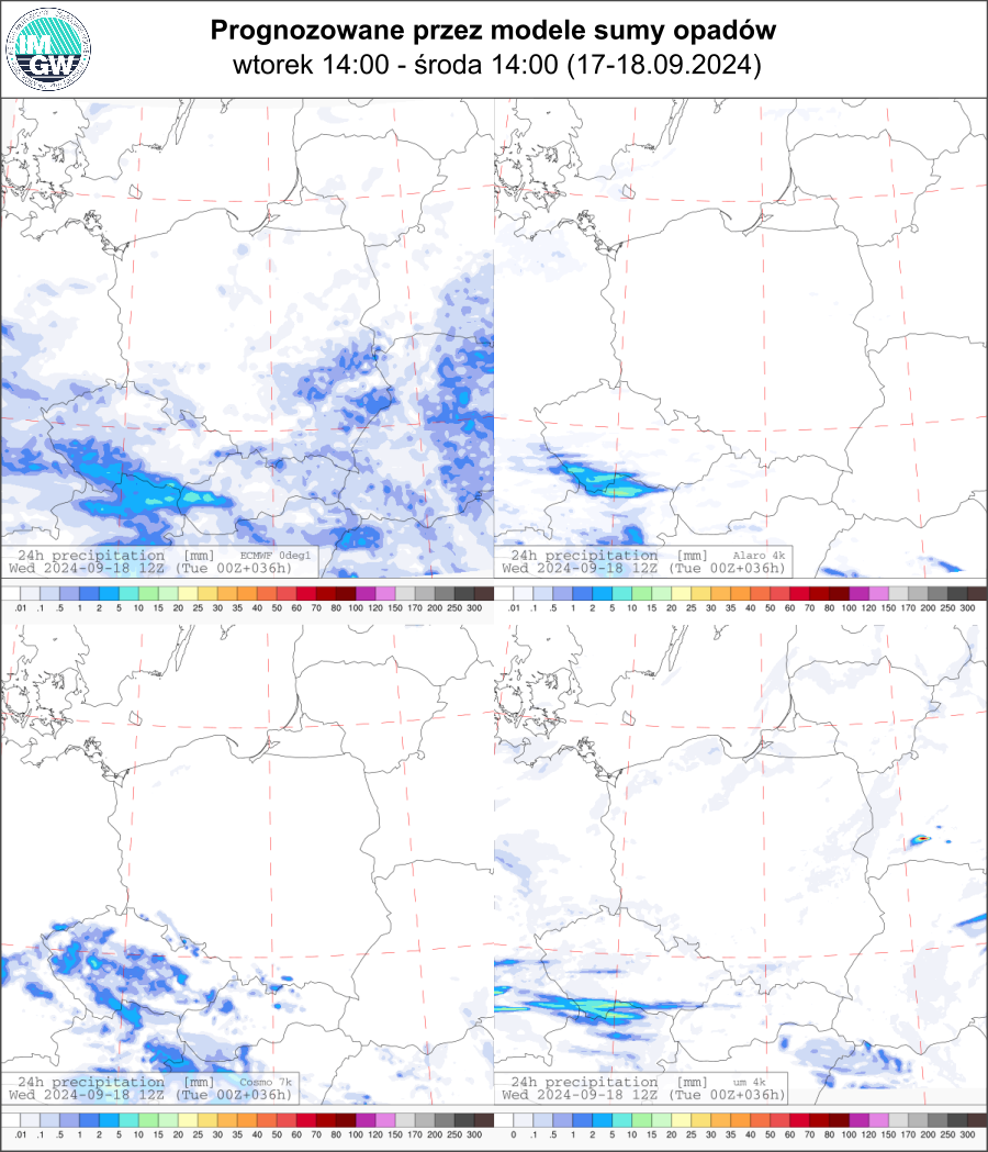 Prognozowana dobowa suma opadów na wtorek i środę (17.09 12 UTC - 18.09 12 UTC) wg wyników modeli ECMWF 0.1°, Alaro 4 km, COSMO 7 km, UM 4 km.