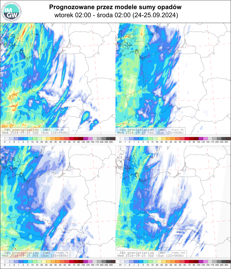 Prognozowana dobowa suma opadów na wtorek (24.09 00 UTC - 24.09 00 UTC) wg wyników modeli ECMWF 0.1°, Alaro 4 km, COSMO 7 km, UM 4 km.