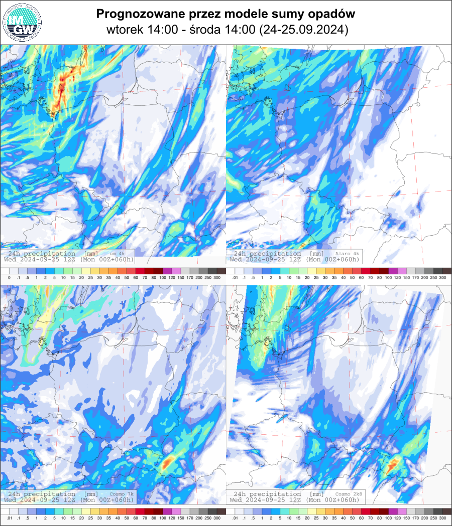 Prognozowana dobowa suma opadów na wtorek i środę (24.09.2024, 12 UTC - 25.09.2024, 12 UTC) wg  wyników modeli UM 3 km, Alaro 4 km, COSMO 7 km, COSMO 2.8 km.