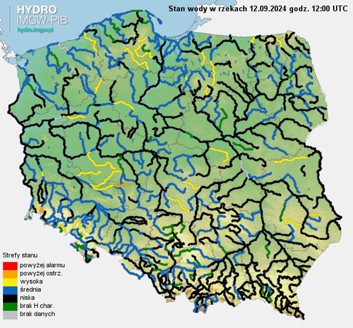 Aktualna sytuacja hydrologiczna 12.09.2024 (12 UTC). Źródło: IMGW-PIB