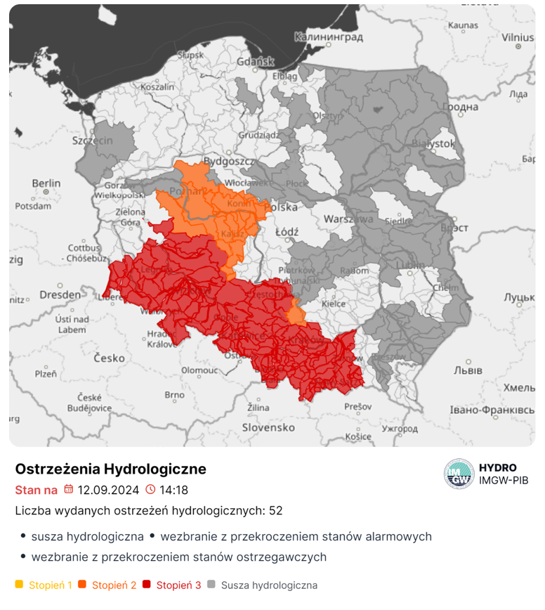 Mapa obowiązujących ostrzeżeń hydrologicznych. Źródło: IMGW-PIB