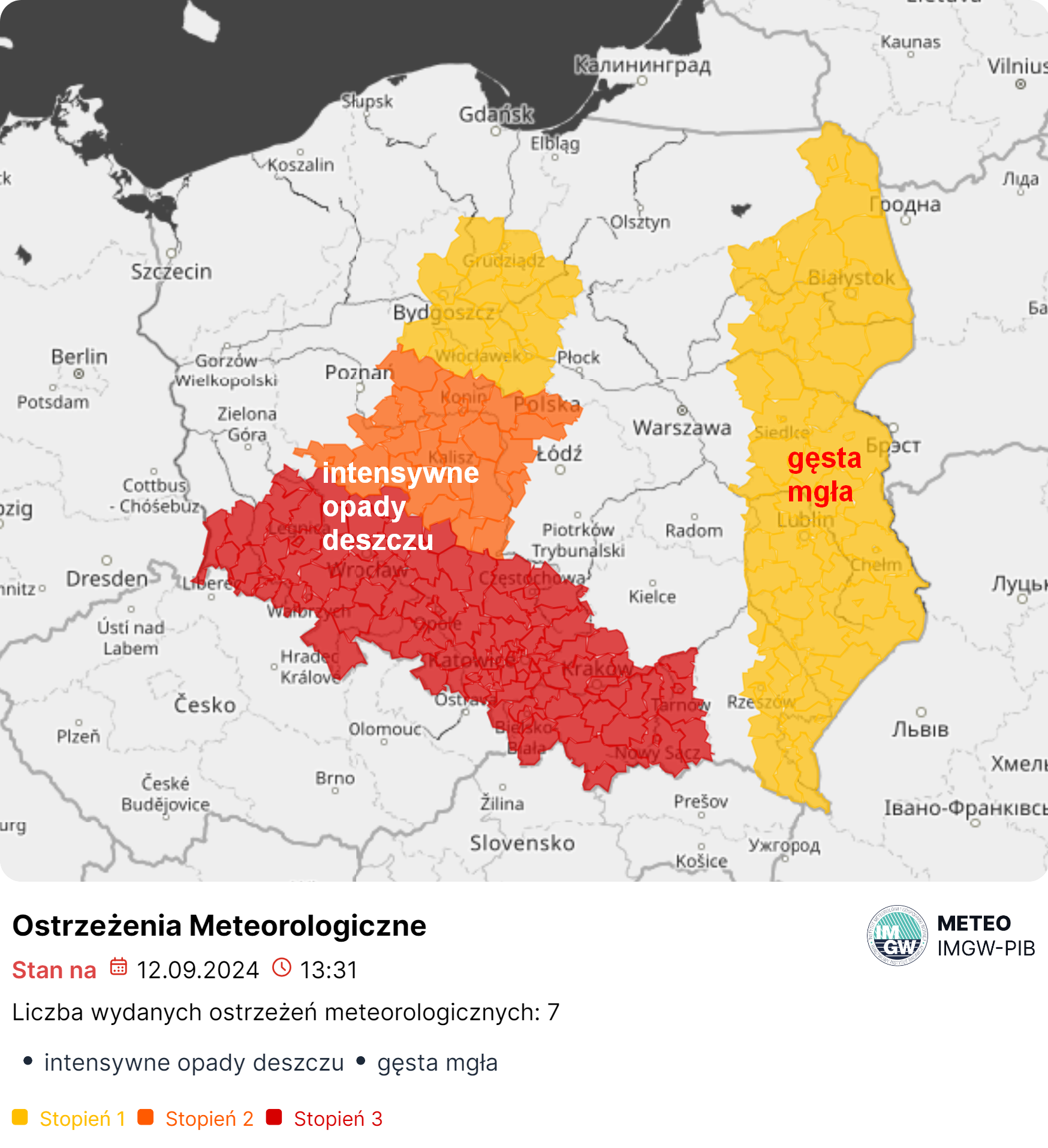 Mapa obowiązujących ostrzeżeń meteorologicznych. Źródło: IMGW-PIB