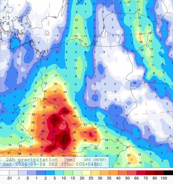 Prognozowana dobowa suma opadów na piątek (13.09.2024) wg wyników modelu GFS.