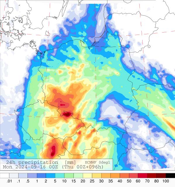 Dobowa suma opadów na niedzielę (15.09.2024) wg wyników modelu ECMWF.