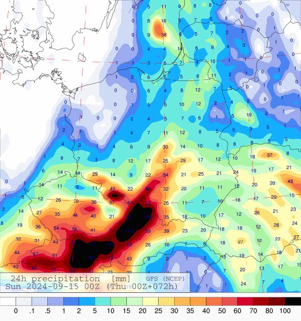 Prognozowana suma opadów na sobotę (14.09.2024) wg wyników modeli GFS