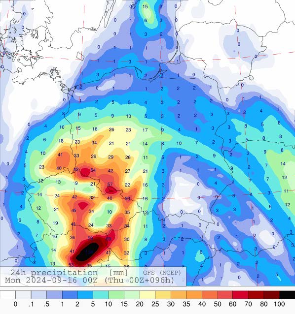 Dobowa suma opadów na niedzielę (15.09.2024) wg wyników modelu GFS