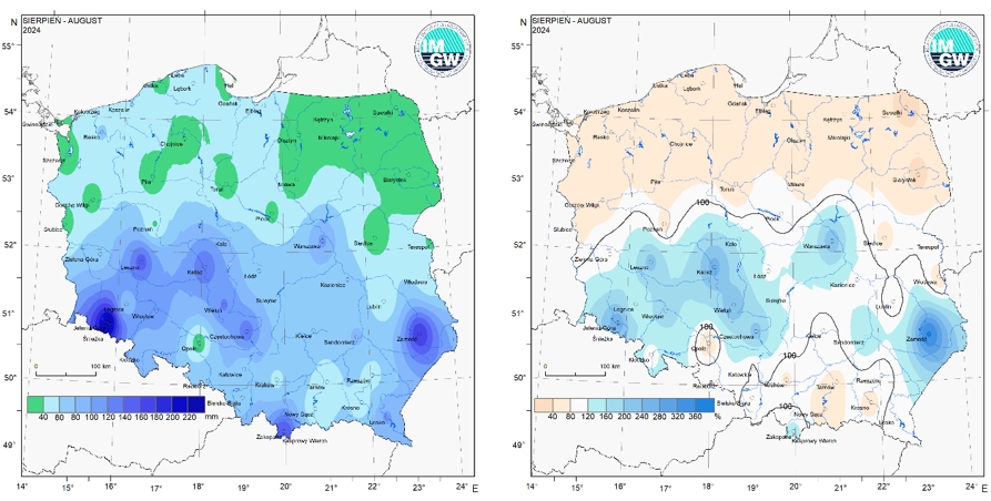 Przestrzenny rozkład miesięcznej sumy opadów w sierpniu 2024 r. oraz przestrzenny rozkład anomalii sumy opadów w stosunku do normy (tj. średniej miesięcznej wartości wieloletniej elementu w okresie 1991-2020).