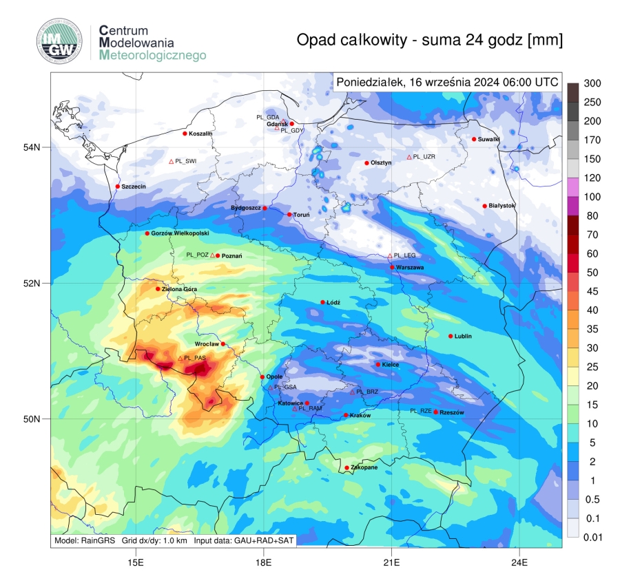 Suma opadów według modelu RainGRS za okres 24 h (14.09.2024 06:00 UTC – 15.09.2024 06:00 UTC).