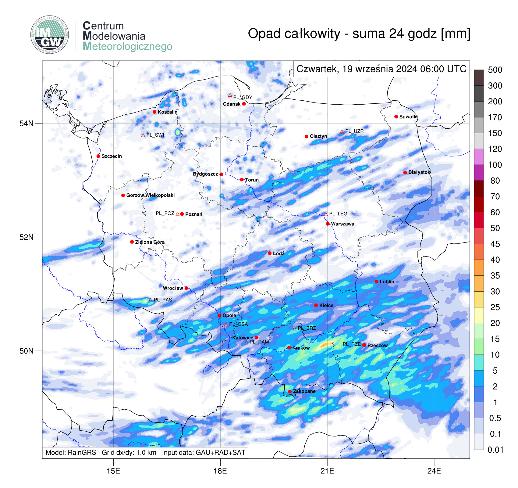 Suma opadów według modelu RainGRS za okres 24 h (18.09.2024 06:00 UTC – 19.09.2024 06:00 UTC).