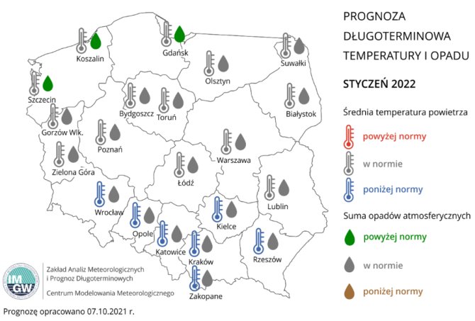 Rys. 3. Prognoza średniej miesięcznej temperatury powietrza i miesięcznej sumy opadów atmosferycznych na styczeń 2022 r. dla wybranych miast w Polsce