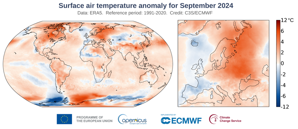 Anomalia temperatury powietrza przy powierzchni ziemi we wrześniu 2024 r. w stosunku do średniej z okresu 1991-2020. Źródło: Copernicus Climate Change Service/ECMWF.