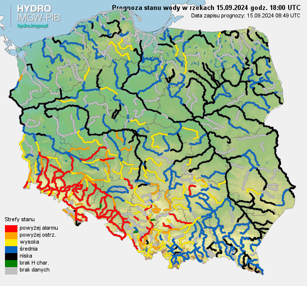 Prognozowana sytuacja hydrologiczna 15.09.2024 r. (18 UTC)