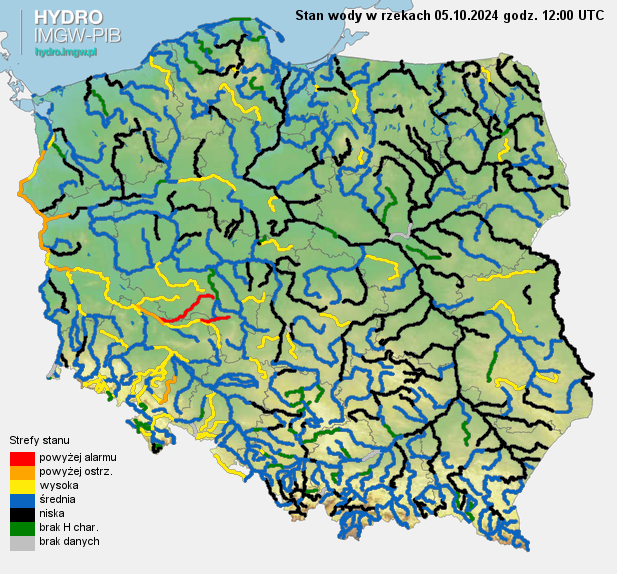 Aktualny stan wody w rzekach na godz. 12 UTC 05.10.2024 r.