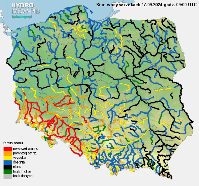 Aktualny stan wody w rzekach na godz. 09 UTC.