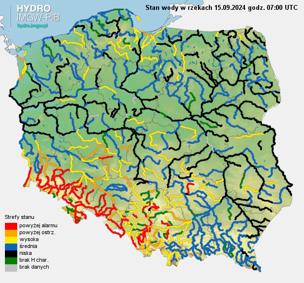 Aktualna sytuacja hydrologiczna 15.09.2024 (07 UTC). Źródło: IMGW-PIB