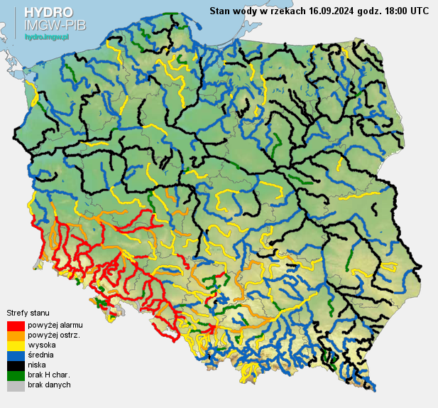 Aktualna sytuacja hydrologiczna 16.09.2024 (18 UTC). Źródło: IMGW-PIB