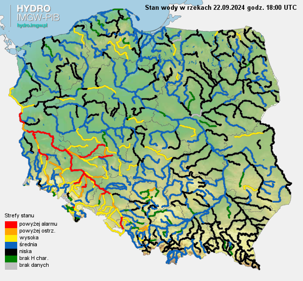 Aktualny stan wody w rzekach na godz. 18 UTC.