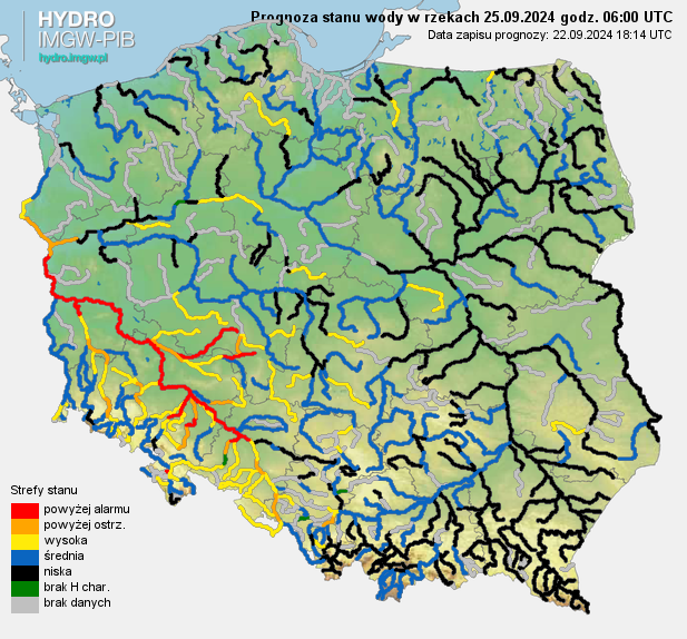 Prognozowana sytuacja hydrologiczna 25.09.2024 r. (06 UTC).