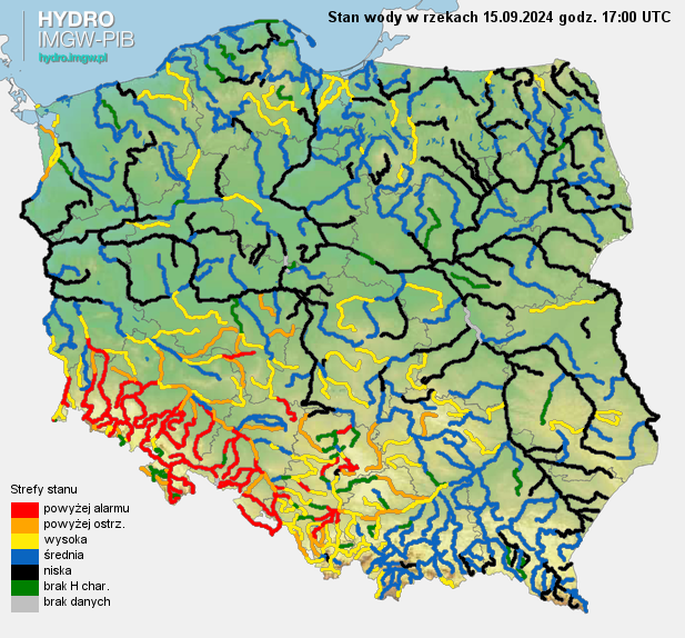 Aktualna sytuacja hydrologiczna 15.09.2024 (17 UTC). Źródło: IMGW-PIB