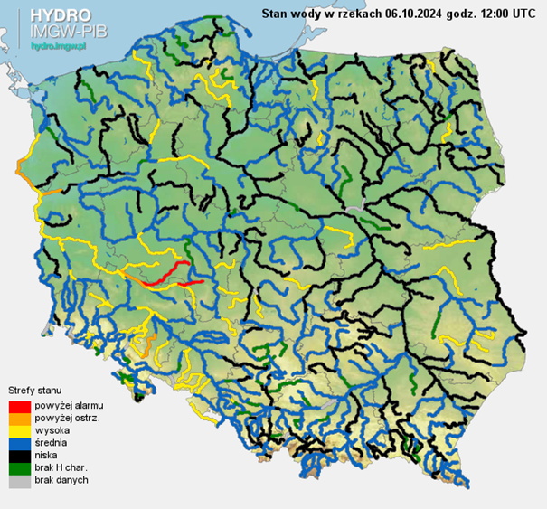 Aktualny stan wody w rzekach na godz. 12 UTC 06.10.2024 r.