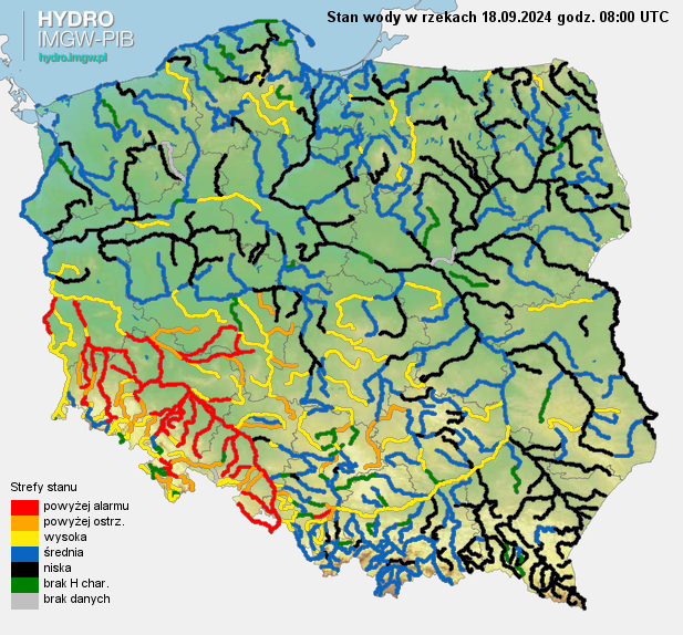 Aktualna sytuacja hydrologiczna 18.09.2024 (08 UTC). Źródło: IMGW-PIB