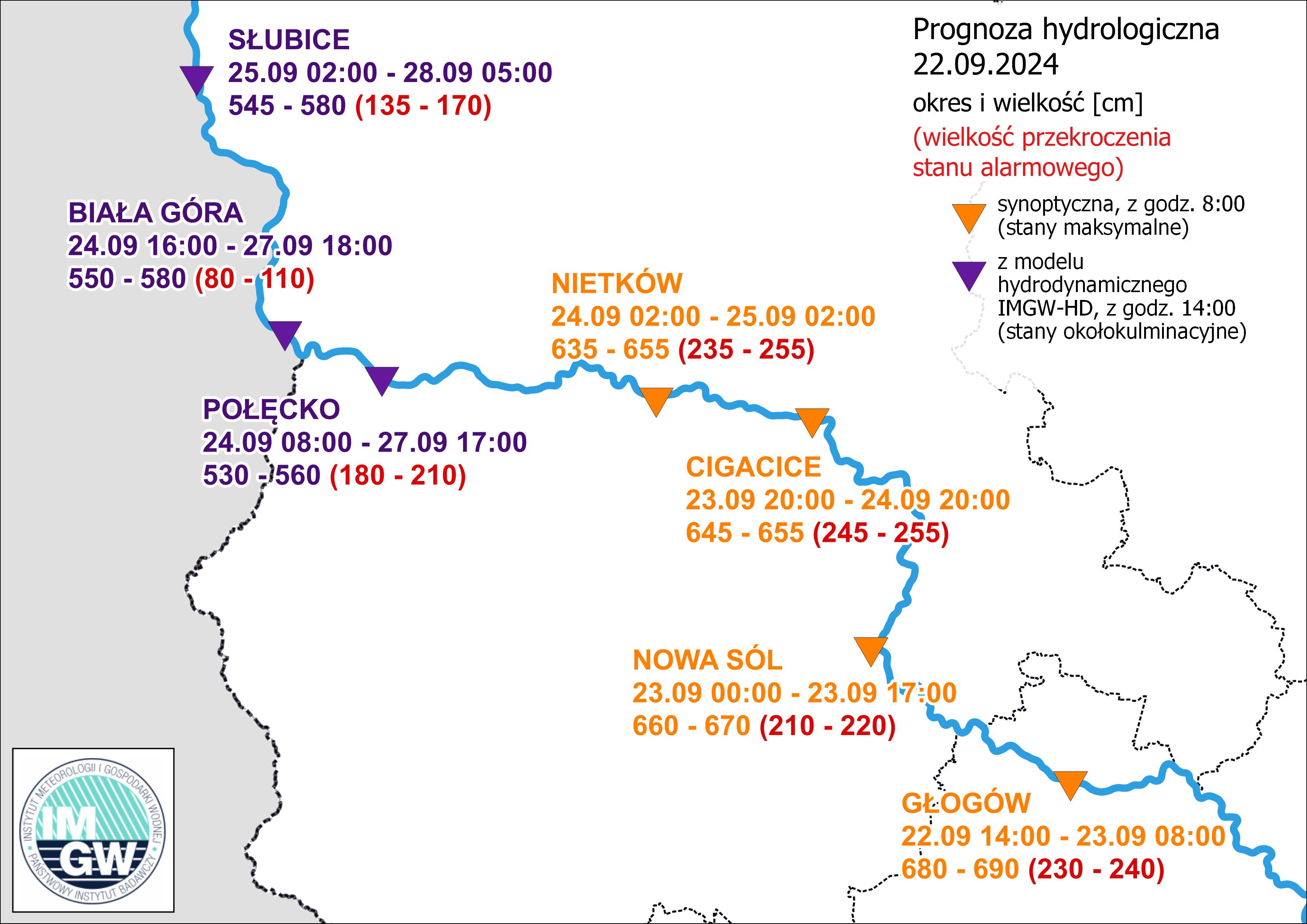 Prognoza hydrologiczna wezbrania na Odrze 22.09.2024.