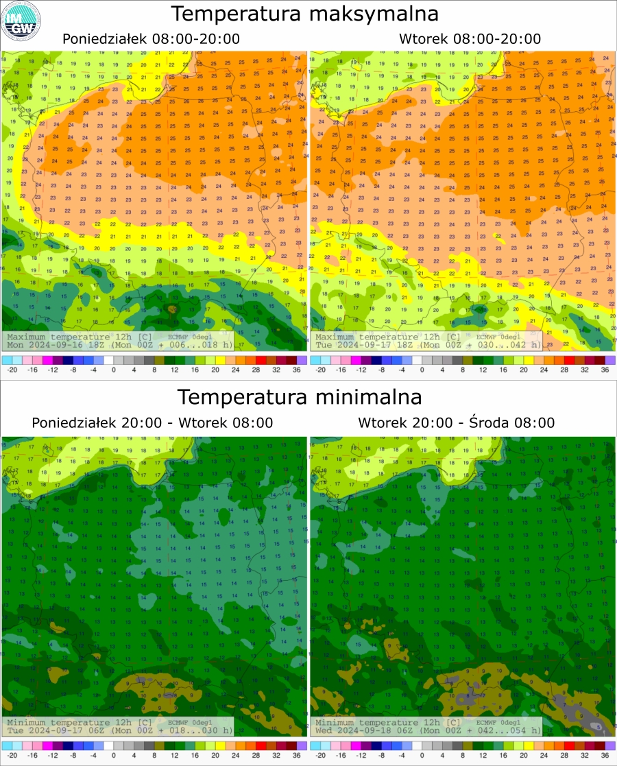 Prognozowana temperatura maksymalna i minimalna na kolejne doby. Model ECMWF 0.1°.