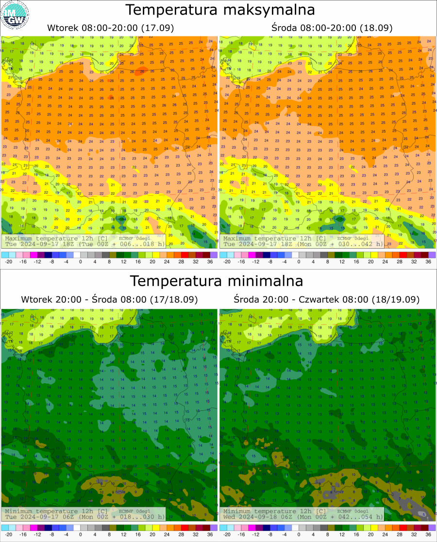 Prognozowana temperatura maksymalna i minimalna na kolejne doby. Model ECMWF 0.1°.