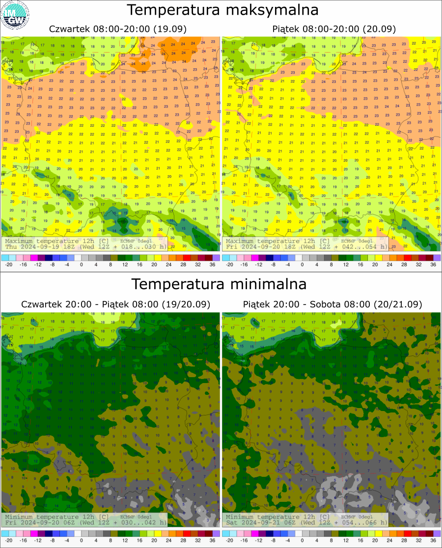 Prognozowana temperatura maksymalna i minimalna na kolejne dwie doby. Model ECMWF 0.1°.