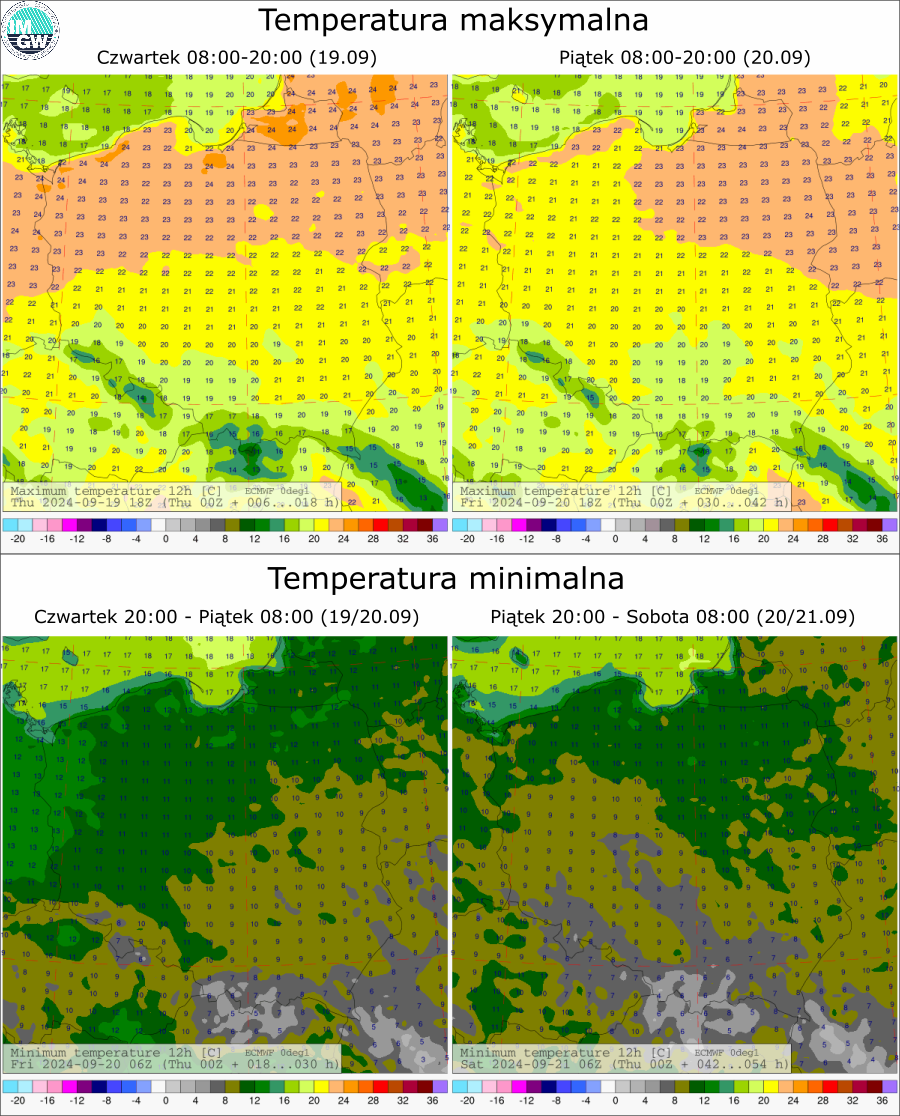 Prognozowana temperatura maksymalna i minimalna na kolejne dwie doby. Model ECMWF 0.1°.