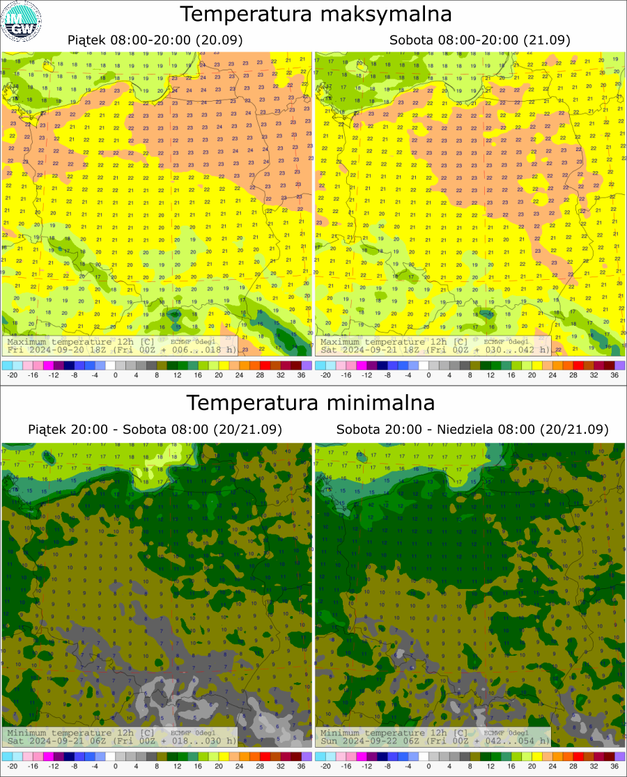 Prognozowana temperatura maksymalna i minimalna na kolejne dwie doby. Model ECMWF 0.1°.