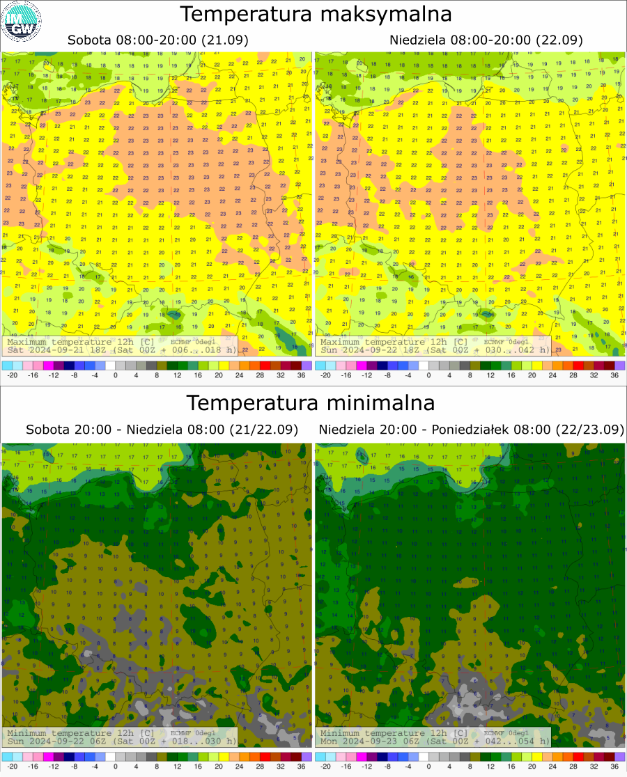 Prognozowana temperatura maksymalna i minimalna na kolejne dwie doby. Model ECMWF 0.1°.