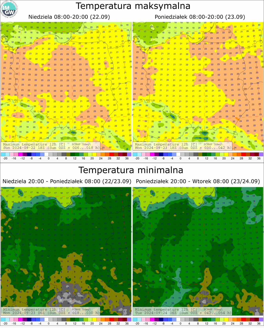 Prognozowana temperatura maksymalna i minimalna na kolejne dwie doby. Model ECMWF 0.1°.