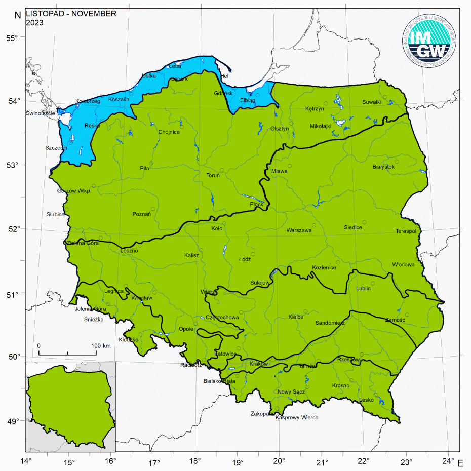 Klasyfikacja termiczna w listopadzie 2023 r. w poszczególnych regionach klimatycznych Polski.
