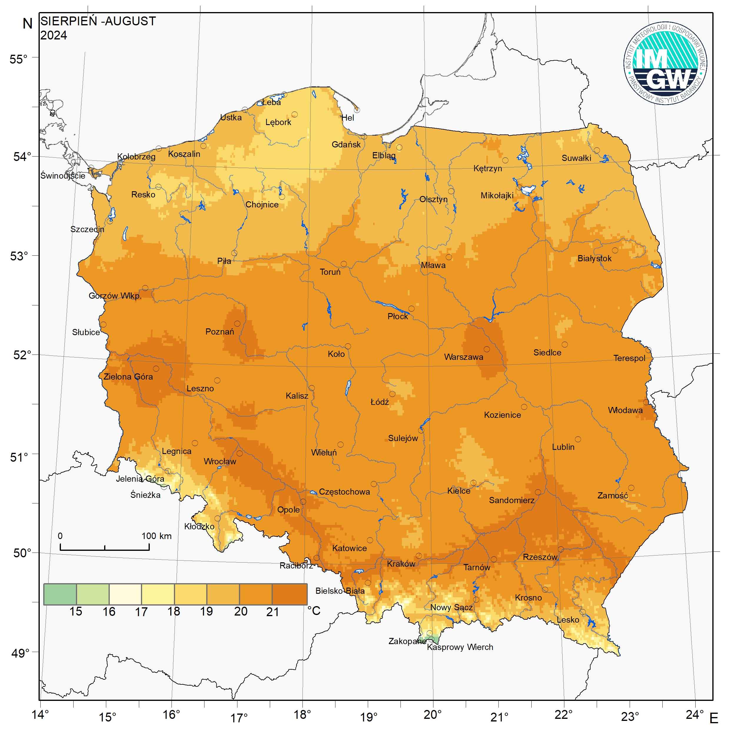 Przestrzenny rozkład średniej miesięcznej temperatury powietrza w sierpniu 2024 r.