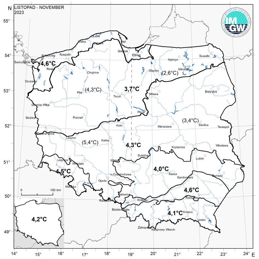 Wartości średniej obszarowej temperatury powietrza  w listopadzie 2023 r. w poszczególnych regionach klimatycznych Polski.