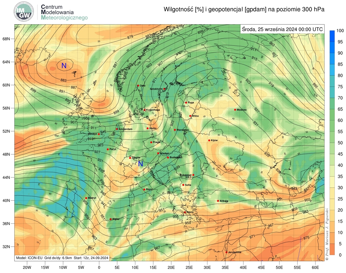 Prognozowana przez model ICON-EU wilgotność względna oraz geopotencjał na poziomie 500 hPa na środę (25.09), godz. 00:00 UTC.