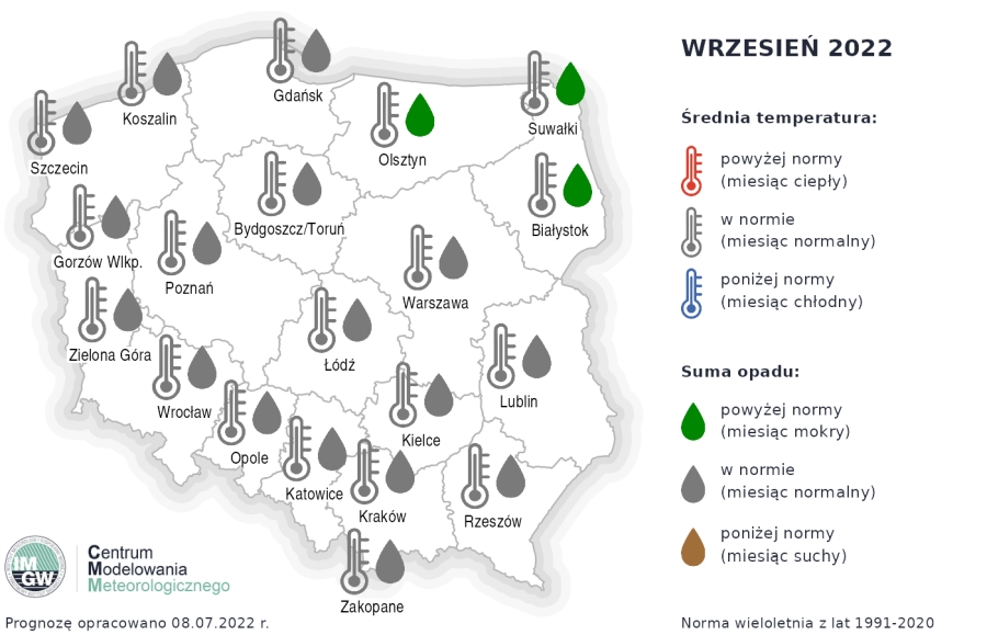 Prognoza średniej miesięcznej temperatury powietrza i miesięcznej sumy opadów atmosferycznych na wrzesień 2022 r. dla wybranych miast w Polsce
